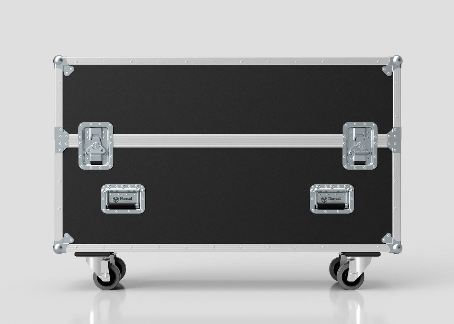 The 49" Single Screen Case is a large, black road case with metal reinforcements, two latches, handles, and four caster wheels, shown on a light gray background.