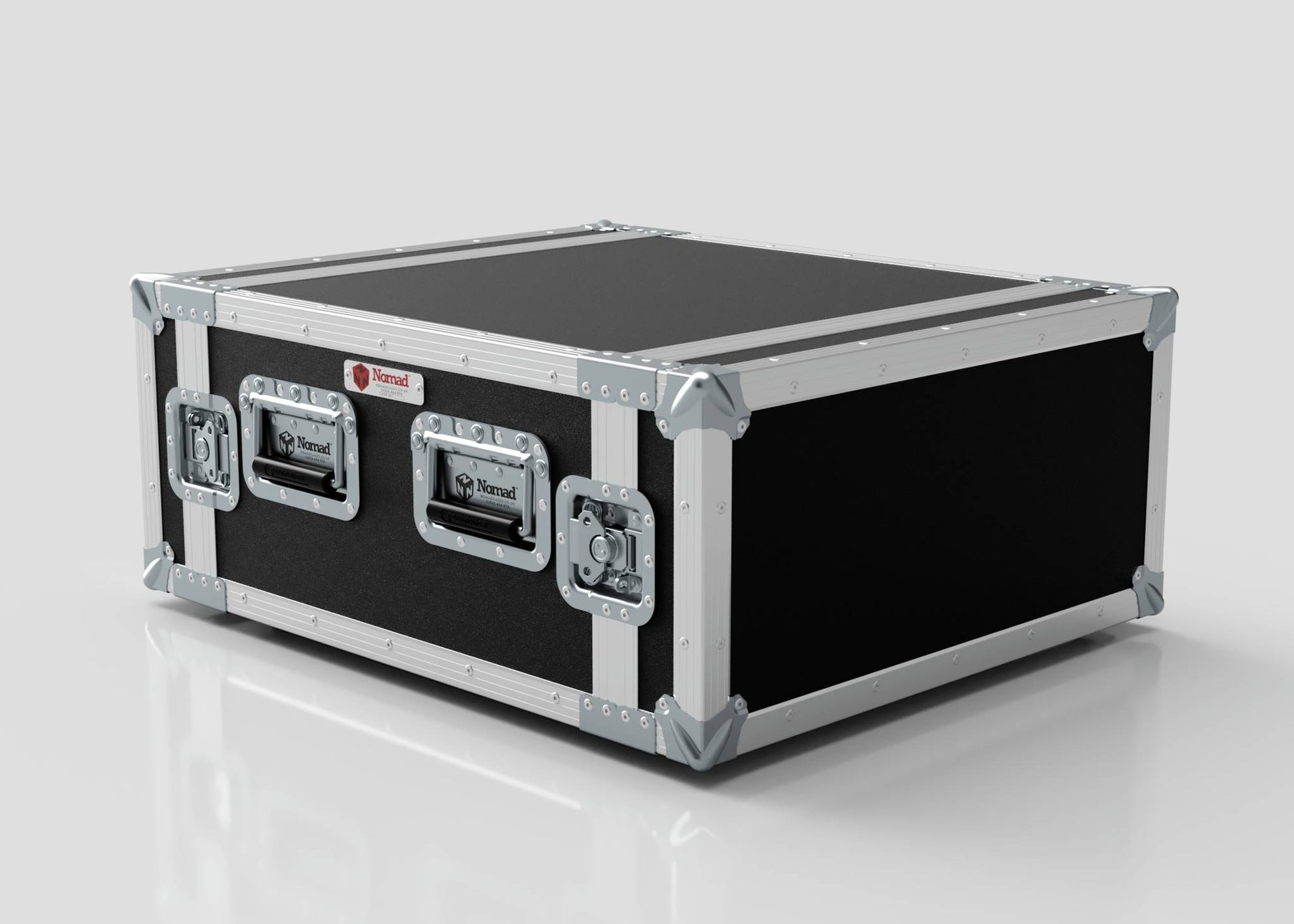 The 4U Foam Shock Mounted 19" Rack Case, featuring a black and silver design with reinforced metal edges and two latch handles, is displayed on a reflective surface against a plain background.