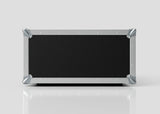 The 4U Foam Shock Mounted 19" Rack Case, featuring a rectangular black and silver design with metal-reinforced corners and rivets, is shown against a plain, light gray background.