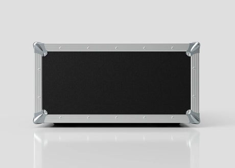 The 4U Foam Shock Mounted 19" Rack Case, featuring a rectangular black and silver design with metal-reinforced corners and rivets, is shown against a plain, light gray background.