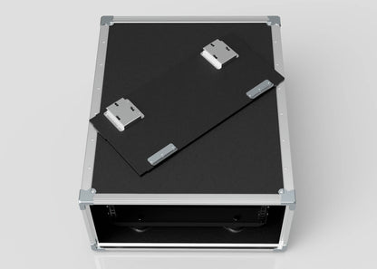 The 4U Shock Mount Slam Rack Case is a black metal external storage box with a removable lid, featuring an open front compartment, shown on a light background.