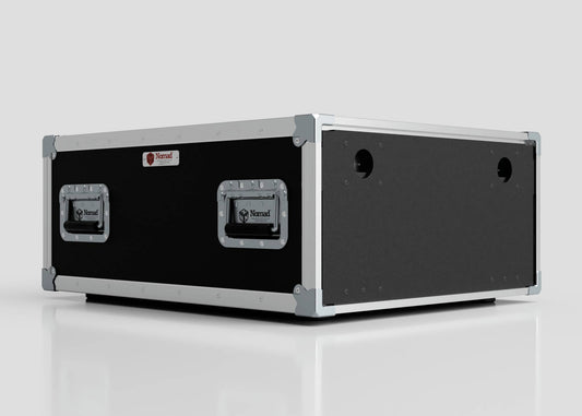 The 4U Shock Mount Slam Rack Case, a black rectangular external storage box with metal edges, corner reinforcements, and two side handles, is shown on a white background.
