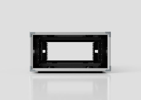 A front view of an empty 4U Shock Mount Slam Rack Case, a rectangular metal server rack enclosure with a black interior and light gray exterior, set against a plain light background.