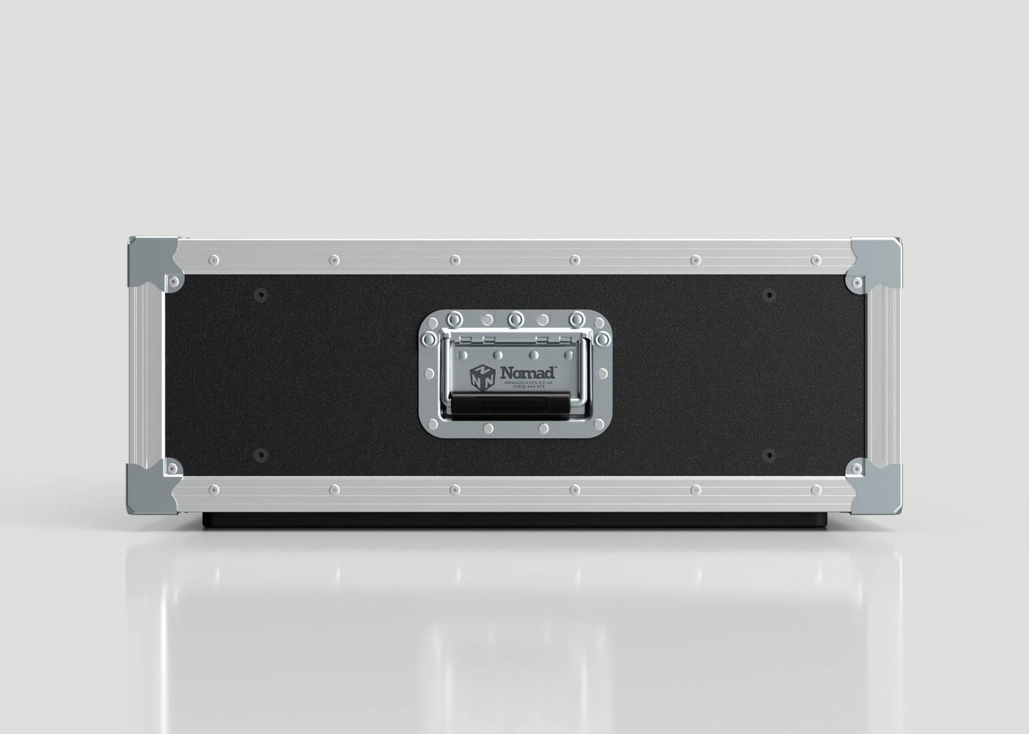 A black and silver 4U Slam Rack Case with metal edges and a rectangular handle, labeled "Nomad," is shown against a plain light background.