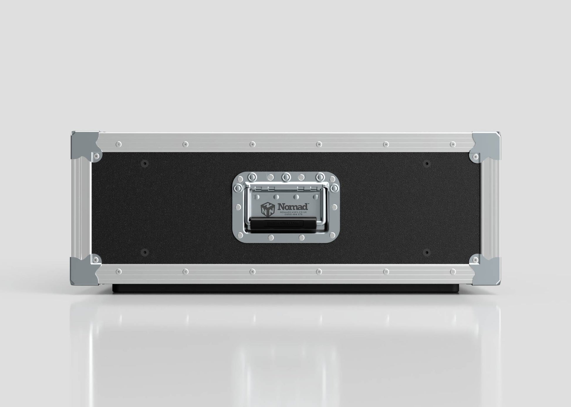 A black and silver 4U Slam Rack Case with metal edges and a rectangular handle, labeled "Nomad," is shown against a plain light background.