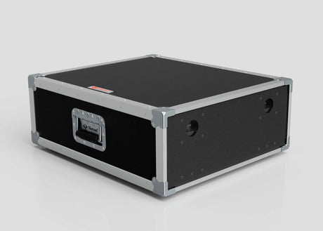 The 4U Slam Rack Case is a black and silver rectangular external storage box with metal edges, two round side holes, and a latch handle on the front, shown on a plain white background.