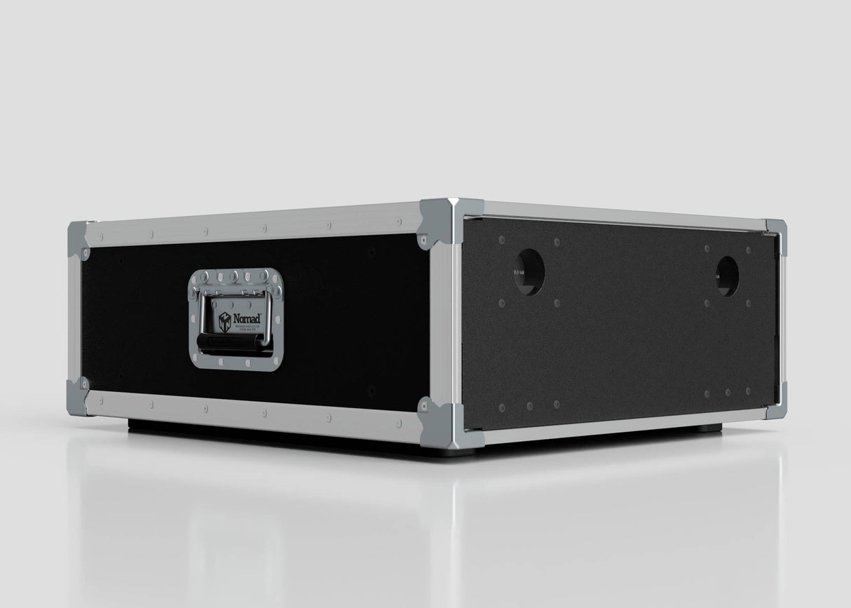 The 4U Slam Rack Case is a black and silver external storage box with metal reinforcements, side handles, and circular front openings, shown on a white surface.