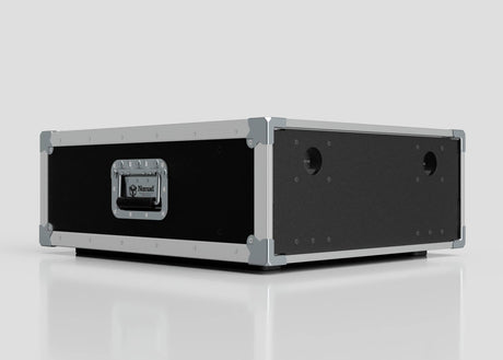 The 4U Slam Rack Case is a black and silver external storage box with metal reinforcements, side handles, and circular front openings, shown on a white surface.