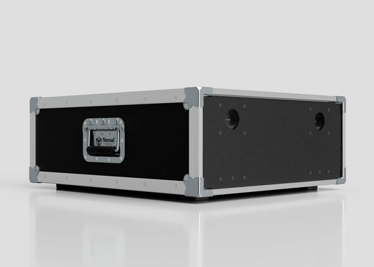 The 4U Slam Rack Case is a black and silver external storage box with metal reinforcements, side handles, and circular front openings, shown on a white surface.