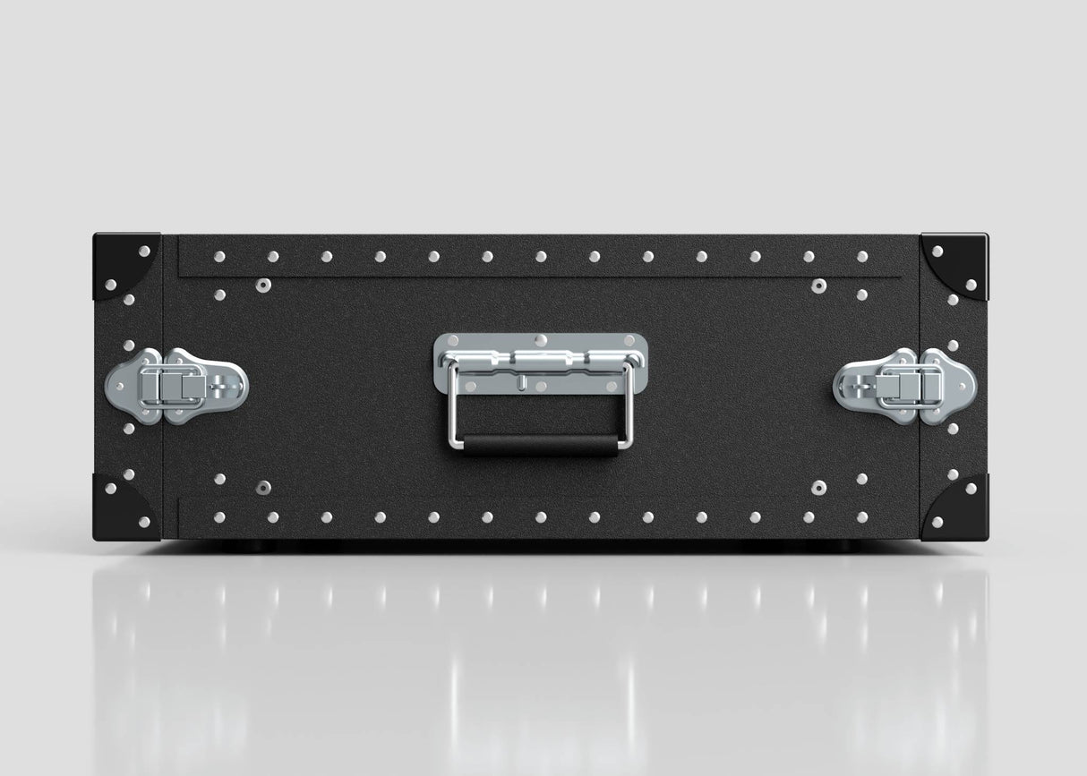 A black, rectangular 4U Lite Guard™ Standard Rack Case made of lightweight HDPE with metal latches, rivets, and a central handle sits on a reflective white surface against a plain gray background.