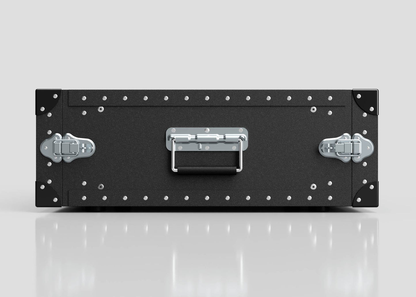 The 4U Standard Poly Rack Case features a black metal design with silver latches, handle, and rivets, shown on a plain gray background with a reflective surface beneath.