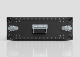A black, rectangular 4U Lite Guard™ Standard Rack Case made of lightweight HDPE with metal latches, rivets, and a central handle sits on a reflective white surface against a plain gray background.