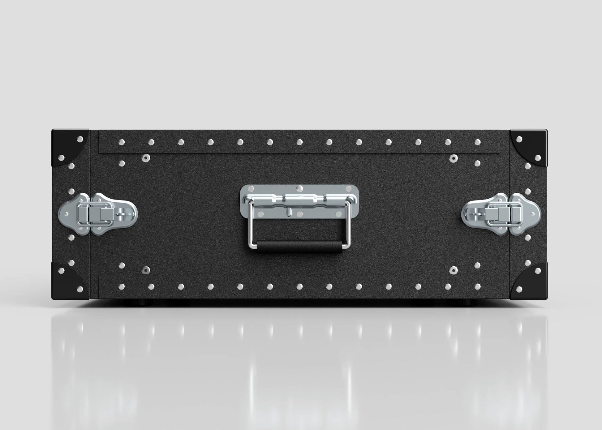 The 4U Standard Poly Rack Case features a black metal design with silver latches, handle, and rivets, shown on a plain gray background with a reflective surface beneath.