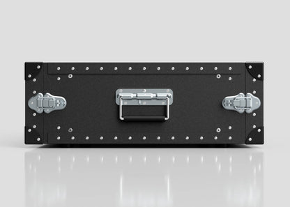 The 4U Standard Poly Rack Case features a black metal design with silver latches, handle, and rivets, shown on a plain gray background with a reflective surface beneath.