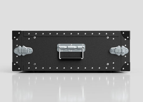 A black, rectangular 4U Lite Guard™ Standard Rack Case made of lightweight HDPE with metal latches, rivets, and a central handle sits on a reflective white surface against a plain gray background.
