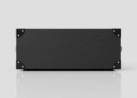 A front view of the 4U Lite Guard™ Standard Rack Case, a rectangular black 19-inch rack made from lightweight HDPE with metal corner protectors, set against a plain light background.