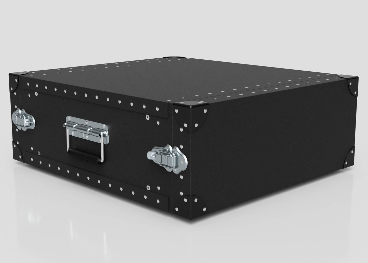 A 4U Standard Poly Rack Case, black and rectangular with silver corner reinforcements, metal latches, and a front handle, is placed on a white surface.