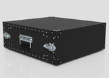 The 4U Lite Guard™ Standard Rack Case is a black, rectangular, lightweight HDPE 19-inch rack with silver-reinforced corners, latches, and a handle for durability and portability, shown on a plain light background.