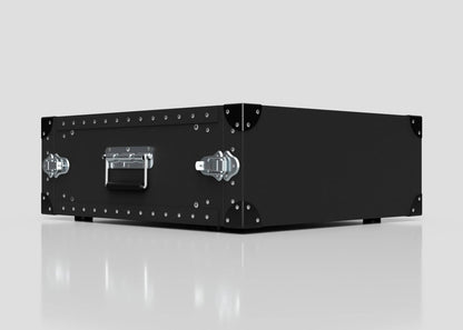 A 4U Standard Poly Rack Case, black and rectangular with silver latches and a handle, sits on a reflective light gray surface.