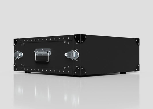 A 4U Standard Poly Rack Case, black and rectangular with silver latches and a handle, sits on a reflective light gray surface.