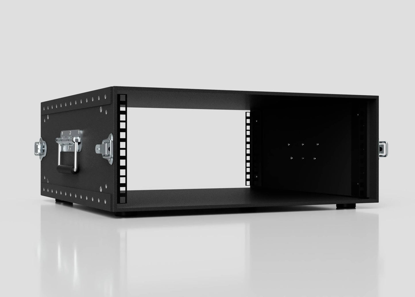 The 4U Standard Poly Rack Case is a black metal rackmount case with rack rail handles on both sides, an open front and back, and multiple mounting holes along the front edges, displayed on a white background.