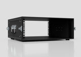 A 4U Lite Guard™ Standard Rack Case, a lightweight black HDPE 19-inch rackmount enclosure with side handles and an open front, shown on a white reflective surface.