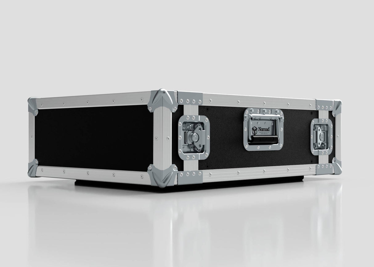 The 4U Standard Rack Case, featuring a sleek black and silver design with reinforced metal corners and sturdy handles, rests on a white surface against a plain background.