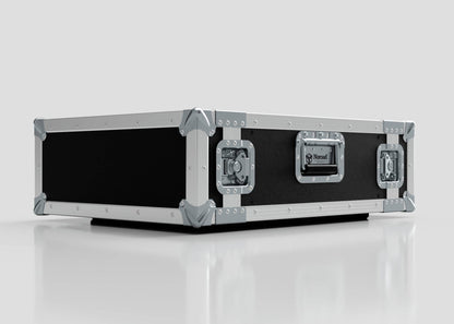 The 4U Standard Rack Case, featuring a sleek black and silver design with reinforced metal corners and sturdy handles, rests on a white surface against a plain background.