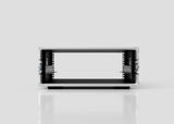 Front view of the 4U Standard Rack Case with side rails, open front, and dual latches, shown on a reflective surface against a plain background—ideal for pairing with birch plywood rack setups.