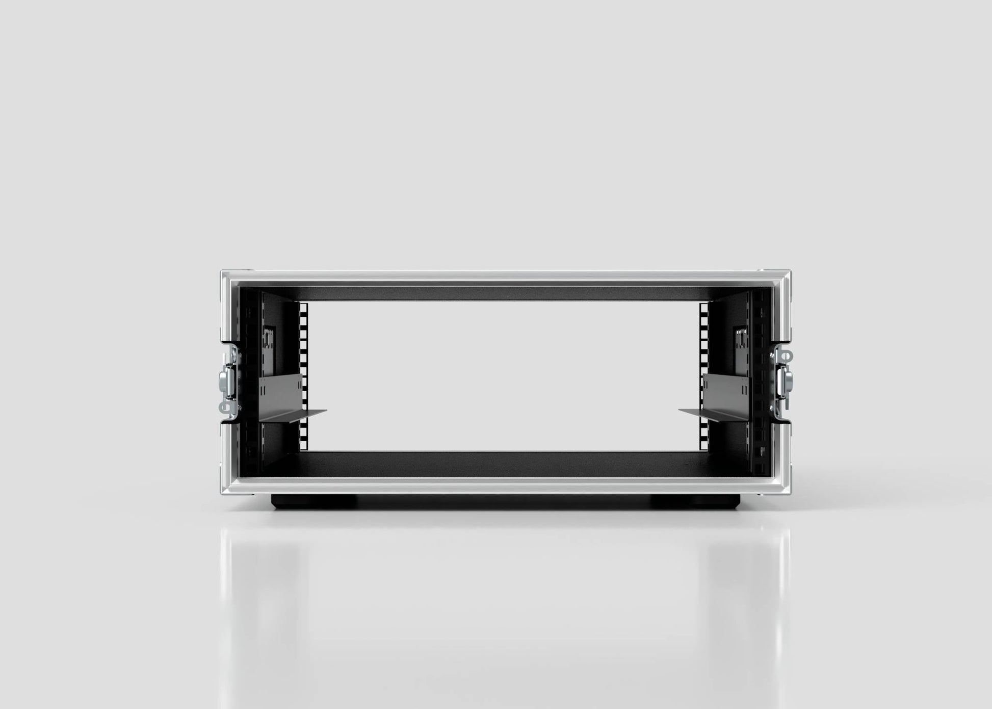 Front view of the 4U Standard Rack Case with side rails, open front, and dual latches, shown on a reflective surface against a plain background—ideal for pairing with birch plywood rack setups.