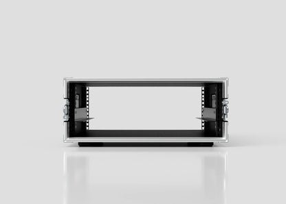 Front view of the 4U Standard Rack Case with side rails, open front, and dual latches, shown on a reflective surface against a plain background—ideal for pairing with birch plywood rack setups.