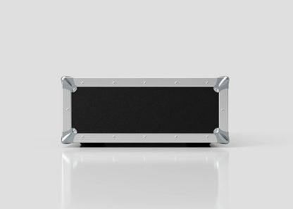 The 4U Standard Rack Case, a black and silver rectangular unit made from durable birch plywood with metal corner protectors, is displayed against a plain light gray background.