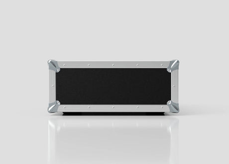 The 4U Standard Rack Case, a black and silver rectangular unit made from durable birch plywood with metal corner protectors, is displayed against a plain light gray background.