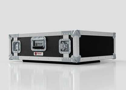 The 4U Standard Rack Case, a sturdy rectangular black and silver unit with metal edges, latches, and handles, is displayed on a plain white surface.