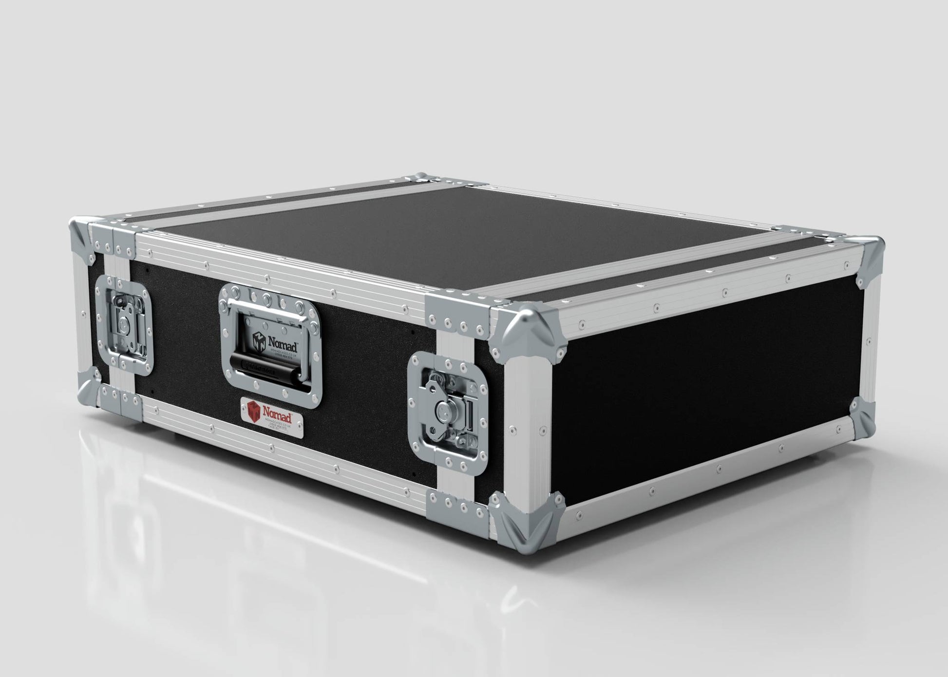 The 4U Standard Rack Case is a black and silver equipment rack with metal reinforcements, latches, and handles, ideal for protecting and transporting your gear.