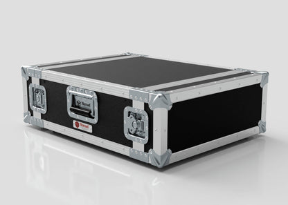 The 4U Standard Rack Case is a black and silver equipment rack with metal reinforcements, latches, and handles, ideal for protecting and transporting your gear.