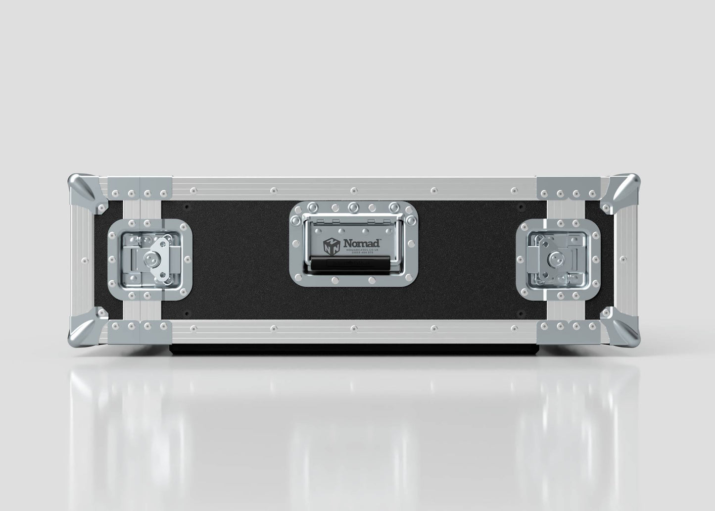 A 4U Standard Rack Case, black and silver with metal reinforcements and latches, labeled Nomad, is displayed on a white reflective surface.