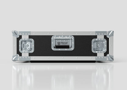 A 4U Standard Rack Case, black and silver with metal reinforcements and latches, labeled Nomad, is displayed on a white reflective surface.