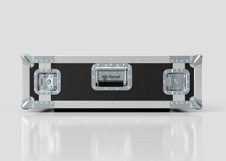 A 4U Standard Rack Case, black and silver with metal reinforcements and latches, labeled Nomad, is displayed on a white reflective surface.
