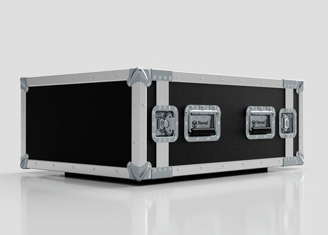 The 4U Suspended Shock Mounted Rack Case, in black and silver with metal corners and three latches, features shock mounted racks and is shown on a glossy white surface with a plain background.