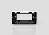 The 4U Suspended Shock Mounted Rack Case is shown empty from the front, featuring latches on both sides and suspended racks, standing on a reflective surface with a plain light background.