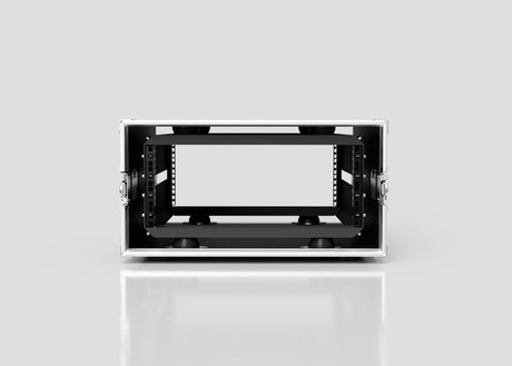 The 4U Suspended Shock Mounted Rack Case is shown empty from the front, featuring latches on both sides and suspended racks, standing on a reflective surface with a plain light background.