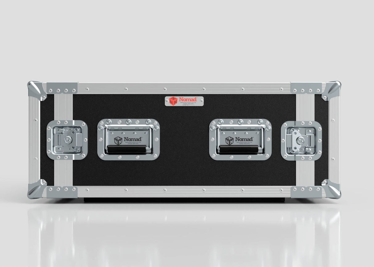 The 4U Suspended Shock Mounted Rack Case is a large black and silver hard protective case with metal reinforced corners and latches, labeled Nomad, and features suspended shock mounted racks, shown on a reflective surface.
