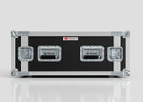 The 4U Suspended Shock Mounted Rack Case is a large black and silver hard protective case with metal reinforced corners and latches, labeled Nomad, and features suspended shock mounted racks, shown on a reflective surface.