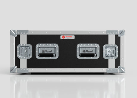 The 4U Suspended Shock Mounted Rack Case is a large black and silver hard protective case with metal reinforced corners and latches, labeled Nomad, and features suspended shock mounted racks, shown on a reflective surface.
