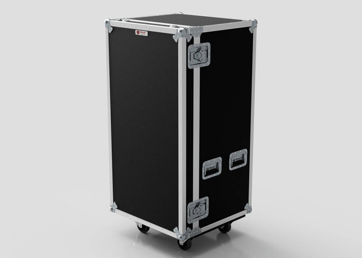 A black 5 Drawer Production Case with metal edges, handles, two latches, and wheels stands upright on a plain background. Its 644x616x1325 mm size is perfect for storing an external trestle table or side attaching table.