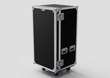 A black 5 Drawer Production Case with metal edges, handles, two latches, and wheels stands upright on a plain background. Its 644x616x1325 mm size is perfect for storing an external trestle table or side attaching table.