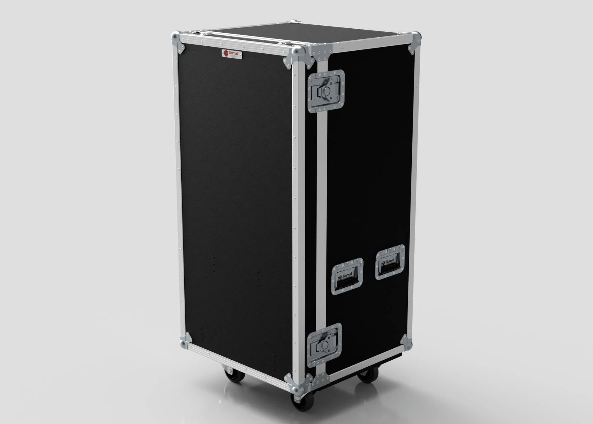 A black 5 Drawer Production Case with metal edges, handles, two latches, and wheels stands upright on a plain background. Its 644x616x1325 mm size is perfect for storing an external trestle table or side attaching table.