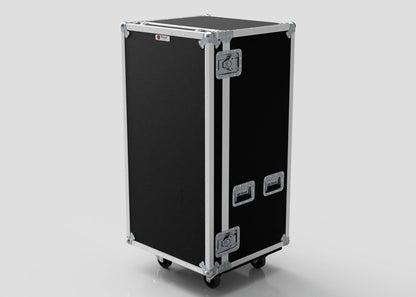 A black 5 Drawer Production Case with metal edges, handles, two latches, and wheels stands upright on a plain background. Its 644x616x1325 mm size is perfect for storing an external trestle table or side attaching table.