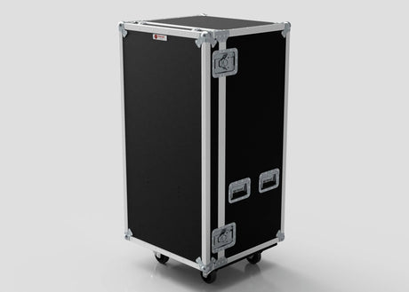 A black 5 Drawer Production Case with metal edges, handles, two latches, and wheels stands upright on a plain background. Its 644x616x1325 mm size is perfect for storing an external trestle table or side attaching table.